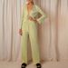 Women's fashion sexy deep V cardigan long sleeve pajamas two-piece set_desvips.com