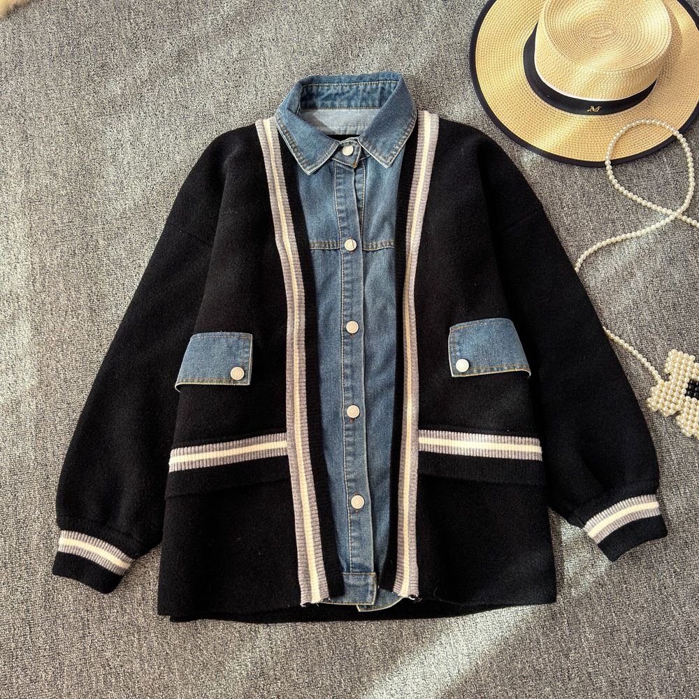 Women's Clothing Denim splicing two piece cardigan sweater jacket _desvips.com