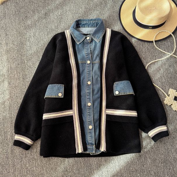Women's Clothing Denim splicing two piece cardigan sweater jacket _desvips.com