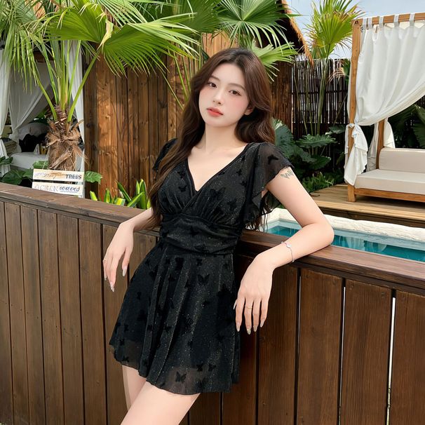 Black Shimmer Butterfly One-piece Swimsuit Women, Plus Size, Concealing Body Shape, For Curvy Girls, High-end Hot Spring_desvips.com