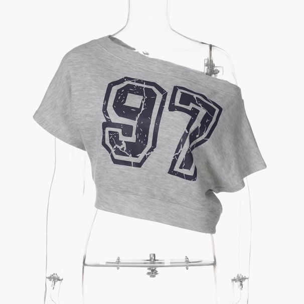 Ins Style Women's Clothing Xu Ruohan's Same Digital Print Pattern Slanted Neck Off Shoulder Spicy Girl Short Crop Top_desvips.com