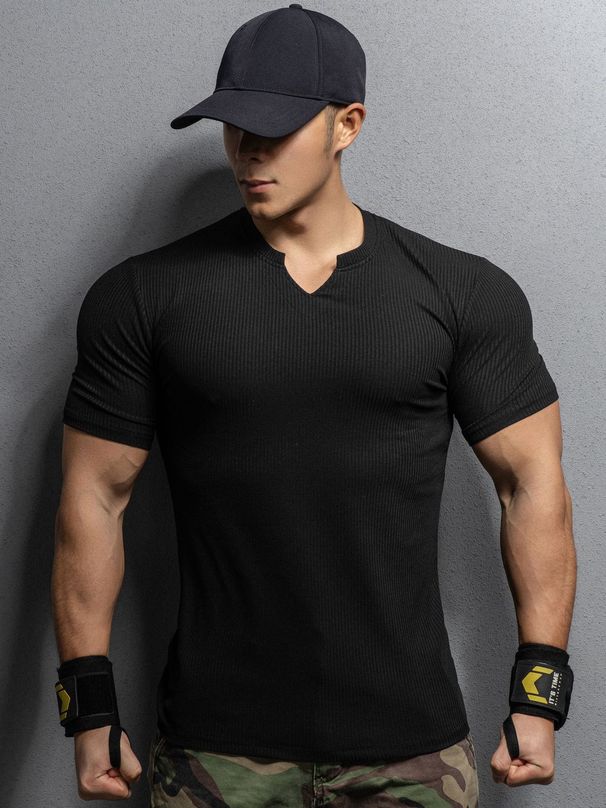 New Men's Spring Summer Spos Casual Running Workout Gym Training Solid Color Elastic V-neck Striped Sho Sleeve_desvips.com