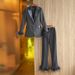 Women's Clothing Autumn and Winter Satin Collar Spliced Blazer Feather Decoration Dress Suit Straight leg Pants Two piece Set_desvips.com