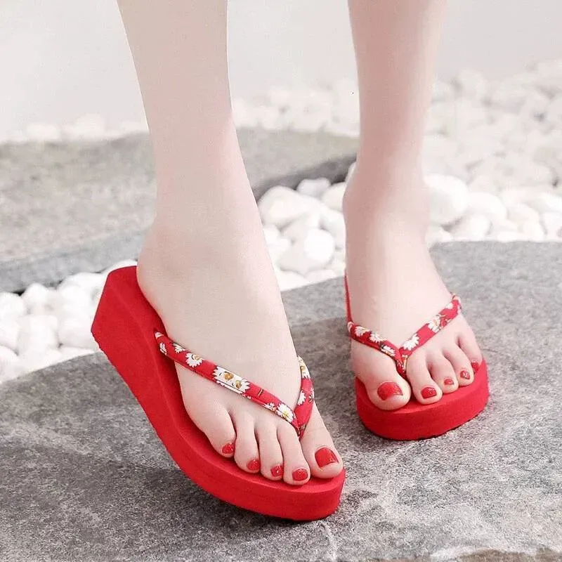 Open Toe Slippers Stylish Women's Flower Print Thick Sole Flip Flops For Summer Beach Outings Home Wear Non-slip Bottom_desvips.com