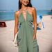 Women's Clothing deep V halterneck sleeveless pleated pocket back tie wide leg cuff long jumpsuit_desvips.com