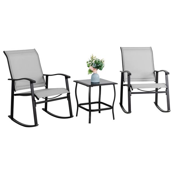 Vongrasig 3-Piece Outdoor Rocking Bistro Set With Textilene Fabric, Includes Two Rocker Chairs And A Glass Table, Suitable For Patio, Lawn, Garden, Ba_desvips.com