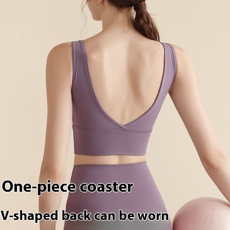 One-Piece V-Back Fixed Cup Running Fitness Shockproof Sports Bra Yoga Set_desvips.com