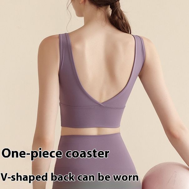 One-Piece V-Back Fixed Cup Running Fitness Shockproof Sports Bra Yoga Set_desvips.com