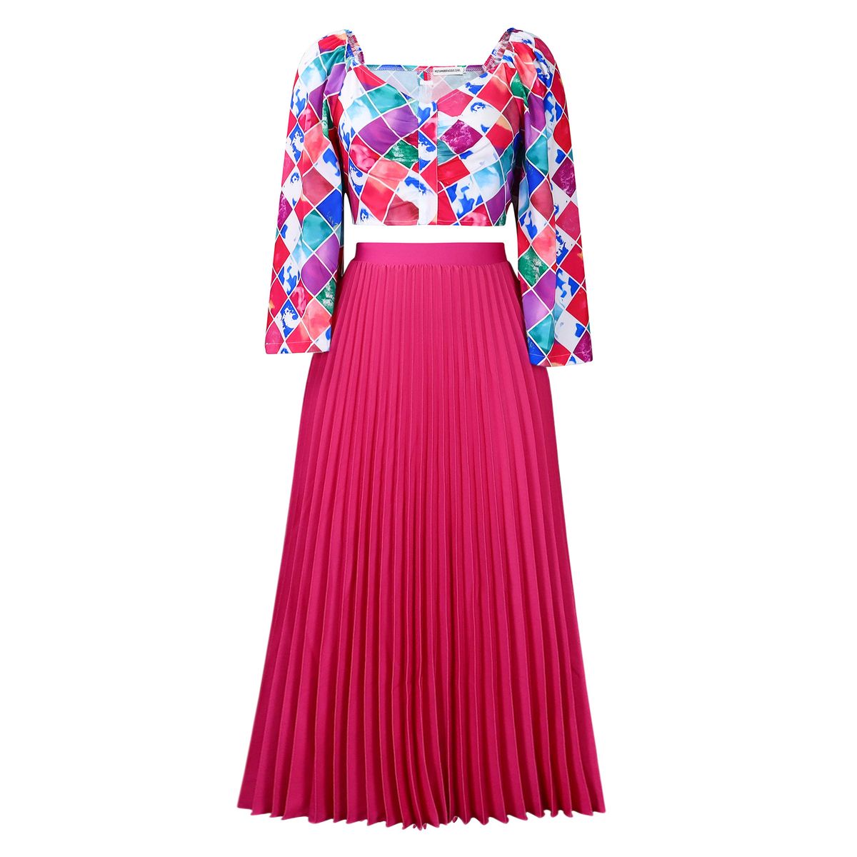 Women's Clothing women's summer new fashion V neck printed top pleated long skirt two piece suit_desvips.com