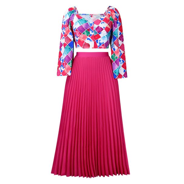 Women's Clothing women's summer new fashion V neck printed top pleated long skirt two piece suit_desvips.com