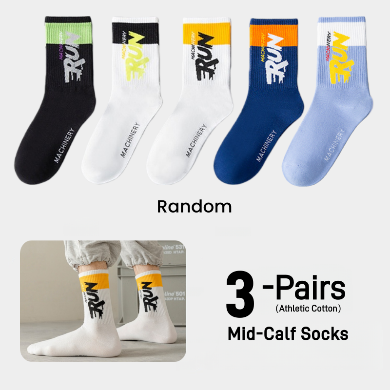 3/5 Pairs Men's All-Season Mid-Calf Athletic Cotton Breathable Basketball Letter Jacquard Color Block Socks EU 38-45 US_desvips.com