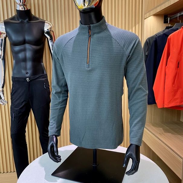 Men's Outdoor Half Zip Stand Collar Sweatshirt, Autumn And Winter Fleece Lined Warm Base Layer Jacket, Sports Long Sleeve T Shirt Top_desvips.com
