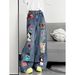 Cute Cartoon Patchwork Wide Leg Jeans For Women, High Waist Loose Baggy Denim Pants, 90s Streetwear Casual Trousers For Everyday & Vacatio Jeans Donna_desvips.com