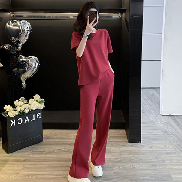Imitation Cotton Sports Casual Suit For Women, Summer Slimming And Age-reducing, Fashionable Short-sleeve Wide-leg Pants_desvips.com
