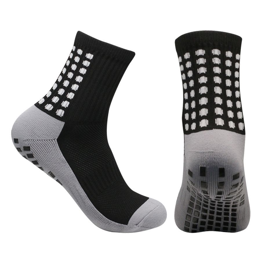 5 Piece Set Grey Sole Sports Socks Mid Calf Soccer Socks Anti Slip Dotted Adhesive Sock Covers Shin Guards Bandages Drawstring Bag_desvips.com