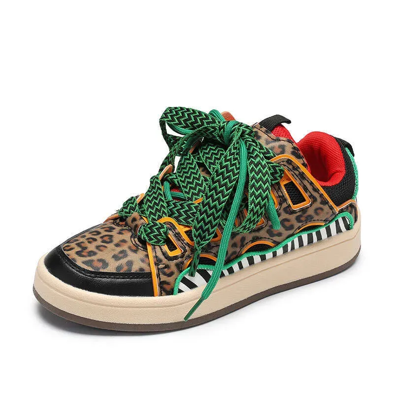 Cross Border Plus Size Women's Leopard Zebra Pattern Sneakers Lace Up Loafers Low Top Flat Casual Sports Shoes_desvips.com
