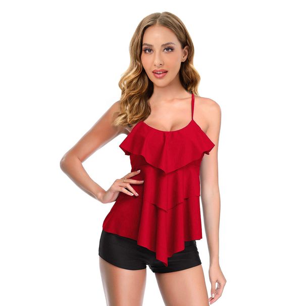 2025 New Conservative Belly-Covering Swimsuit With Ruffled Two-Piece Set And Boxer Shorts For Mature Women_desvips.com
