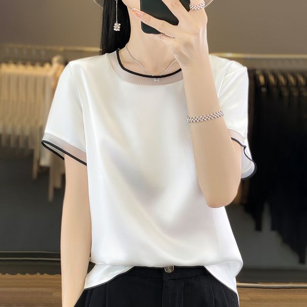 Silk Satin 2026 Spring/Summer Women's New Loose Round Neck Color Block Mesh Short Sleeve T-Shirt Elegant Thin Top_desvips.com