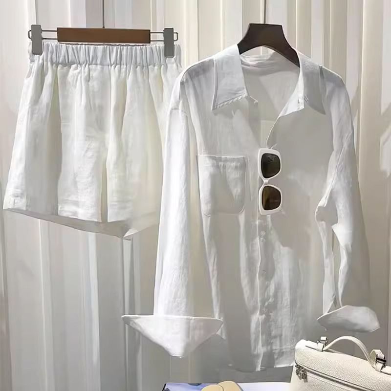 Women's Clothing White shirt linen suit loose large size cotton and linen shorts high-end texture long-sleeved shirt two-piece suit_desvips.com