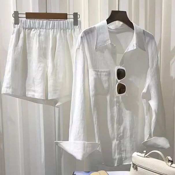 Women's Clothing White shirt linen suit loose large size cotton and linen shorts high-end texture long-sleeved shirt two-piece suit_desvips.com