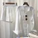 Women's Clothing White shirt linen suit loose large size cotton and linen shorts high-end texture long-sleeved shirt two-piece suit_desvips.com