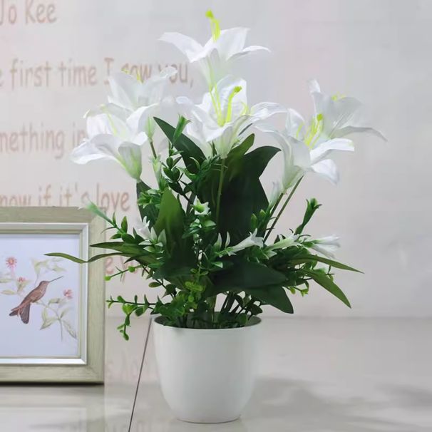 Lily Artificial Set For Dining Table And Living Room Decoration, Plastic Fake Flower Arrangement, Silk Bouquet Ornament,_desvips.com