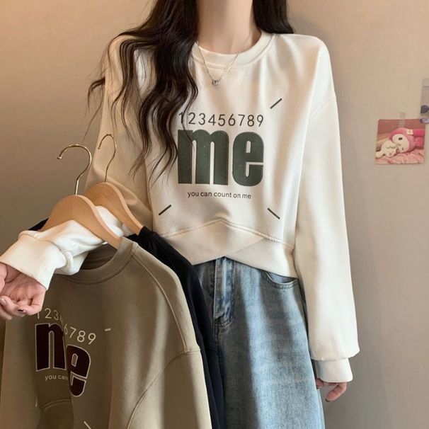 American Letter Printed Round Neck Pullover Hoodie For Women In Spring And Autumn, Short Cross Loose, Small, Long_desvips.com