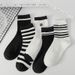 Spring Autumn Striped Mid-calf Socks, Black And White Women, Ins With Letters, Versatile High-waisted Sports Socks For_desvips.com