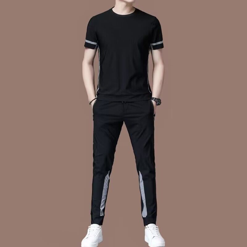 New Elastic Thin Ice Silk Two-Piece Set Summer High-End Men's Casual Sports Plus Size Suit Trend_desvips.com