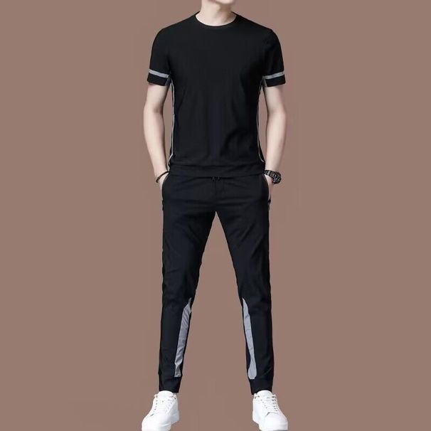 New Elastic Thin Ice Silk Two-Piece Set Summer High-End Men's Casual Sports Plus Size Suit Trend_desvips.com