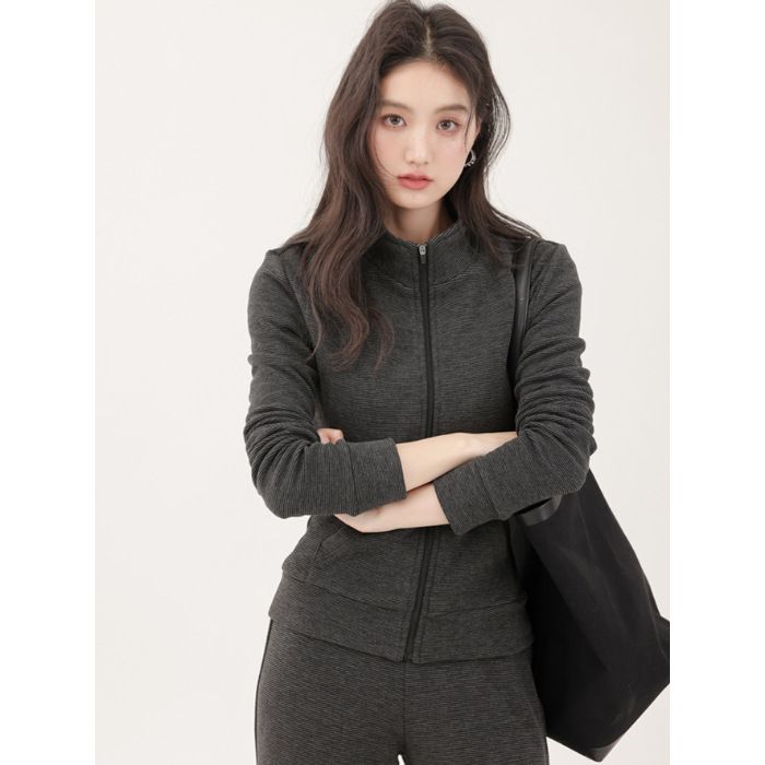 Gray Slim-fit Right-shoulder Sweatshirt Jacket For Women, Spring And 2025, Korean-style Early Autumn Outfit, Yoga Wear,_desvips.com