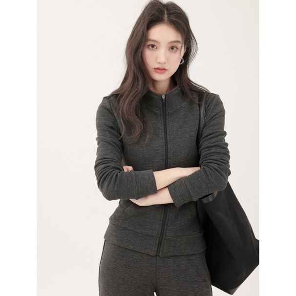 Gray Slim-fit Right-shoulder Sweatshirt Jacket For Women, Spring And 2025, Korean-style Early Autumn Outfit, Yoga Wear,_desvips.com