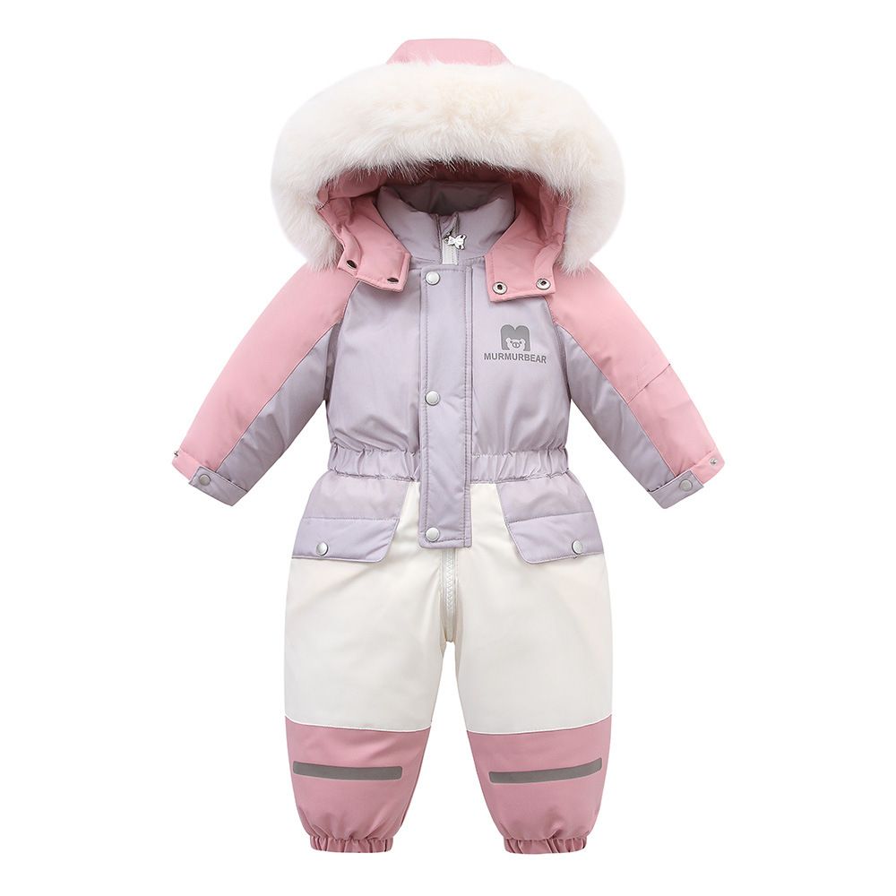 Kids' Fleece-Lined Snowsuit With Color Block Design - Winter Hooded Jumpsuit For Toddlers (80-120cm) | Warm & Stylish Playwear_desvips.com