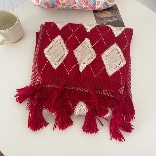 Autumn Winter New Red Diamond Pattern Light Encounter Same Style Christmas Knitted Thickened Warm Scarf One Piece_desvips.com