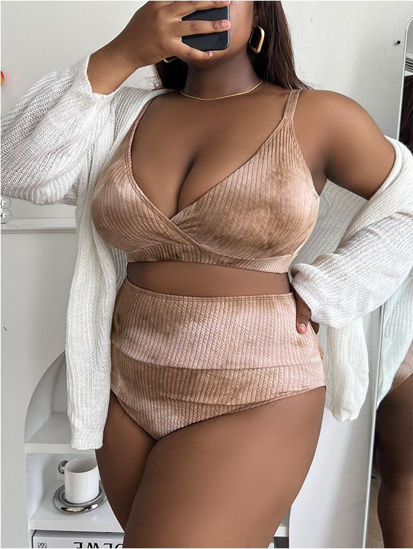 New European And American Style Plus Size Tie-Dye Strap Deep V Sexy High-Waisted Bikini Swimsuit P008_desvips.com