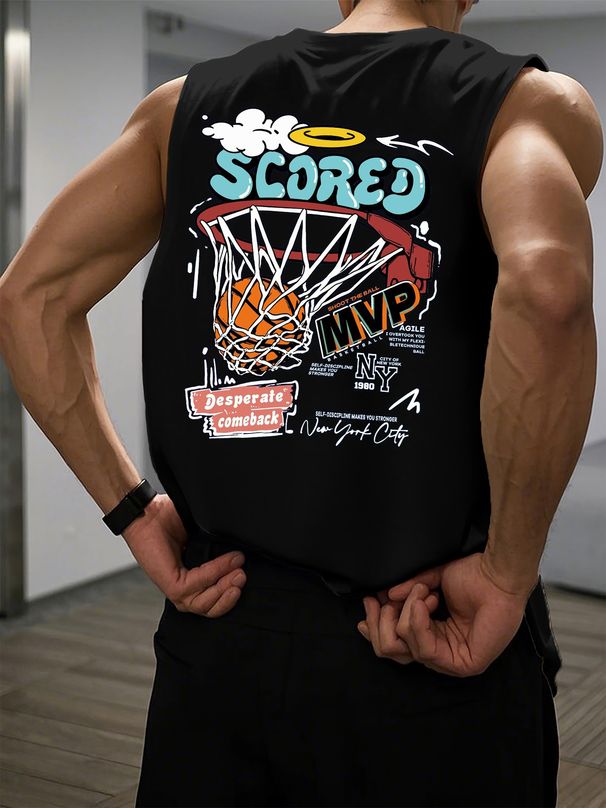 100% Pure Cotton Men's Summer Casual Sports Loose Basketball Pattern Printed Fitness Breathable Round Neck Sleeveless_desvips.com