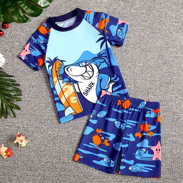Factory Direct Sale Swimwear Summer Short-sleeve Cartoon 2024 Boys' Two-piece Set Swimming Cap Children's Swim Trunks_desvips.com