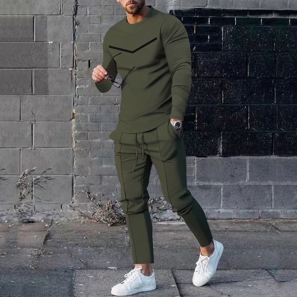 European Clothing Spring Autumn Two-piece Round Neck Long Sleeved T-shirt And Pants Set, Men's Casual Sports Set_desvips.com