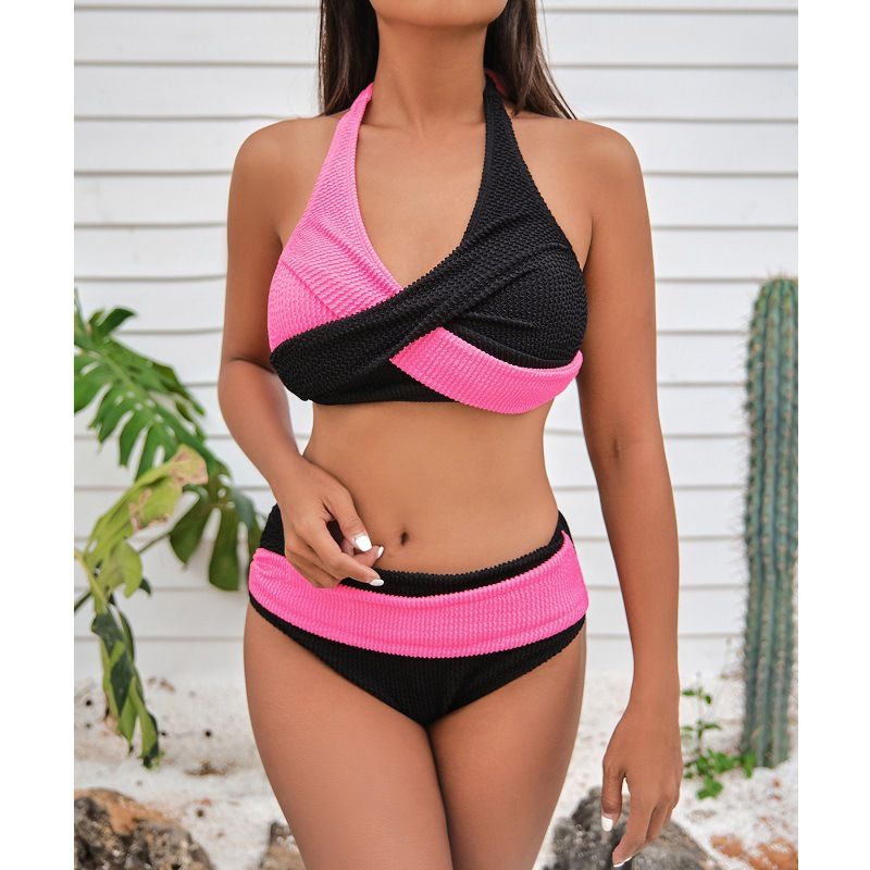New Color-coded Cross-neck Bikini High-waisted Two-piece Swimsuit_desvips.com
