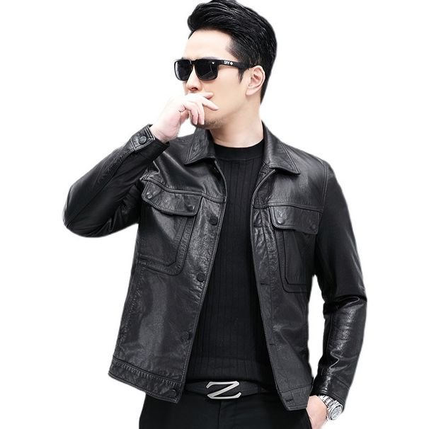 New Haining Genuine Men's First Layer Cowhide Turn-Down Collar Fashionable Motorcycle Short Leather Jacket Autumn Wear_desvips.com