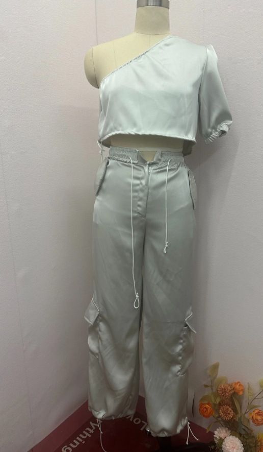 women's clothing fashion women's smooth satin half sved top and pants set two piece set_desvips.com