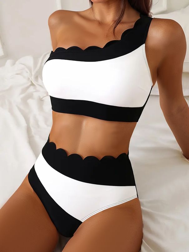 Sexy Black White Patchwork Bikini Women Ruffles One Shoulder Push Up High Waist Swimsuit Summer Bathing Suit Vacation_desvips.com