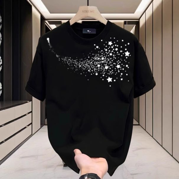 Men’s Crew Neck Short Sleeve T-Shirt, Soft Pure Cotton Shooting Star Rhinestone Graphic Tee, Loose Casual Bling Top For Daily Streetwear Club Party Bl_desvips.com