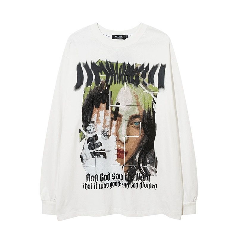 100% Pure Cotton Dark Niche Hip-Hop Portrait Print Cuffed Long Sleeve T-Shirt Unisex Autumn New Versatile Top_desvips.com