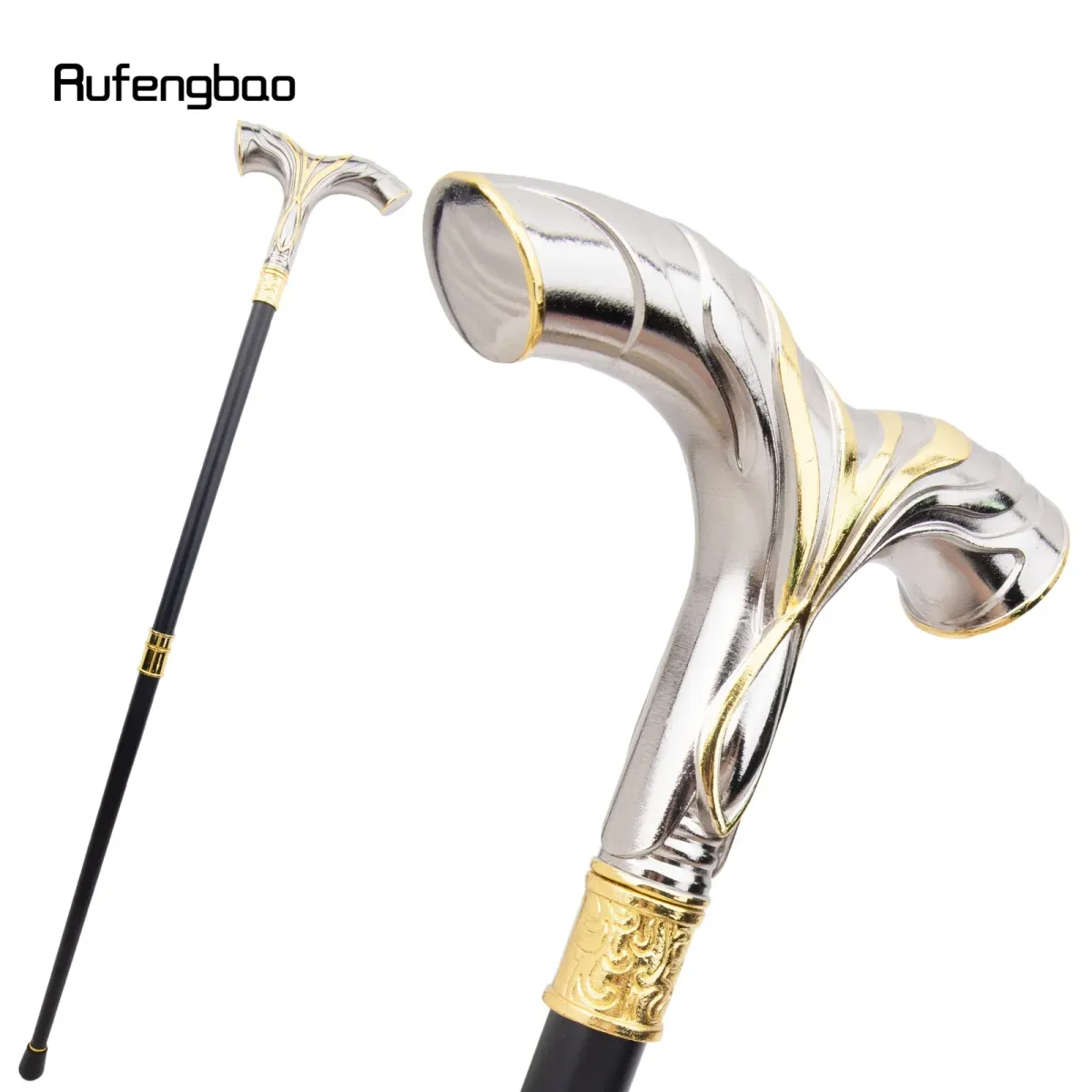 Golden White Flowing Lines Luxury Fashion Cosplay Stick Party Decorative Cane Knob Walking Stick 92cm Performance Stage Cane_desvips.com