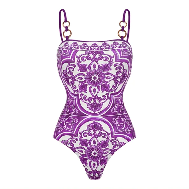 Flaxmaker Sexy Women Swimsuit Sling Classic Majolica Series Pattern Print One Piece Swimsui Summer Biquini Beachwear_desvips.com