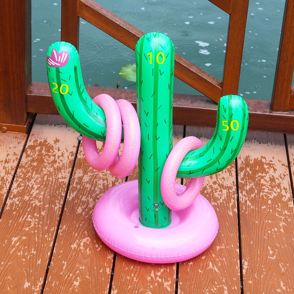 Inflatable Cactus Ring Toss Game Tall PVC Pool Party Toy With 5 Hoops For Backyard Beach Water Fun_desvips.com