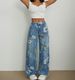 Boho Floral Print Wide Leg Denim Jeans, High Waist Loose Fit Light Wash Pants, Fashion Casual Trousers For Summer, Travel & Streetwear Jeans Donna_desvips.com