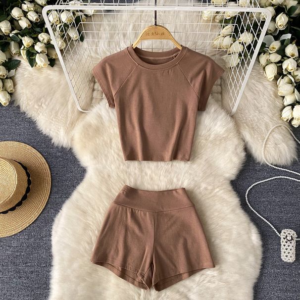 Cross-border Minimalist Style Sports Casual Solid Color Sexy Outfit For Women, Summer Round-neck Short T-shirt +_desvips.com