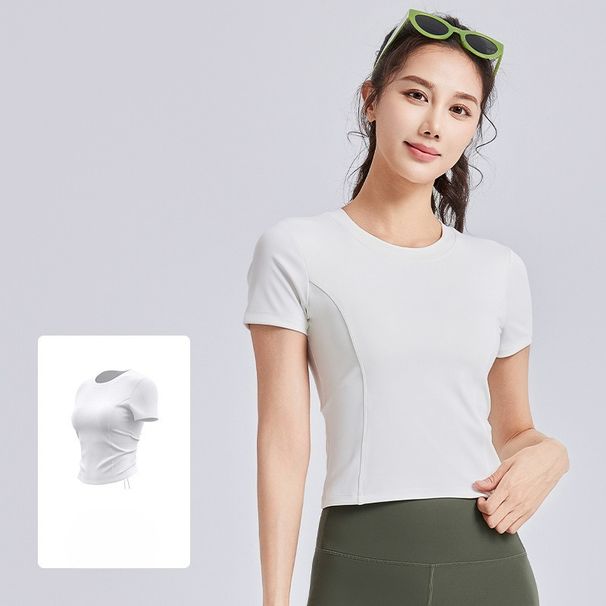 Drawstring Beautiful Back Pleated Yoga Clothes Short Sleeves Women's One Cup With Chest Pad Fitness Sports Top_desvips.com